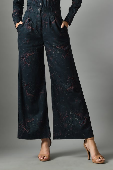 Shop_Fishcanfly_Blue Linen Printed Floral Band Collar Alice In Wondersea Shirt And Trouser Set _Online_at_Aza_Fashions