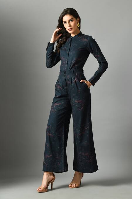 Buy_Fishcanfly_Blue Linen Printed Floral Band Collar Alice In Wondersea Shirt And Trouser Set 