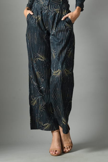 Fishcanfly Blue Linen Printed Wave Collar Wondersea Shirt And Trouser Set Online at Aza Fashions Fishcanfly_Blue Linen Printed Wave Collar Wondersea Shirt And Trouser Set _Online_at_Aza_Fashions