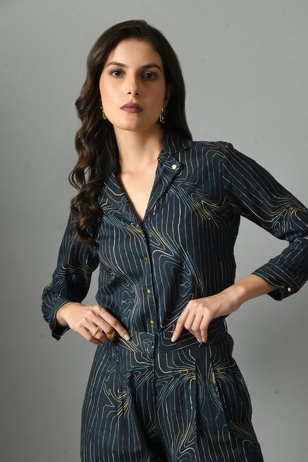 Shop_Fishcanfly_Blue Linen Printed Wave Collar Wondersea Shirt And Trouser Set _Online_at_Aza_Fashions