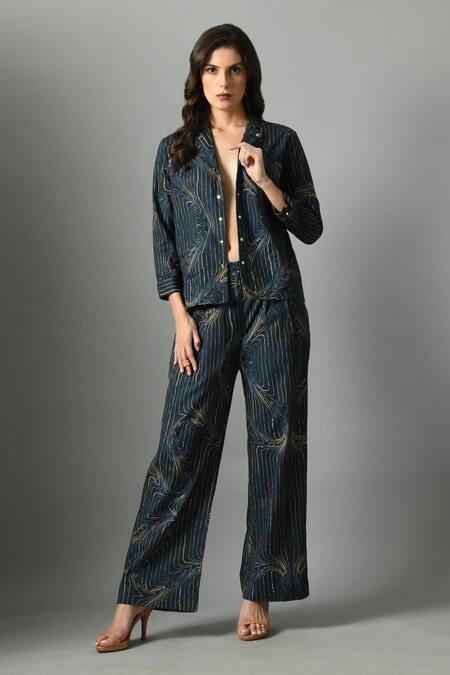Fishcanfly_Blue Linen Printed Wave Collar Wondersea Shirt And Trouser Set _at_Aza_Fashions