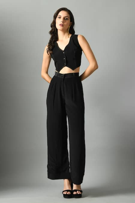 Fishcanfly Black Crepe Silk Embroidery Moonshine Placement Waistcoat And Trouser Set 