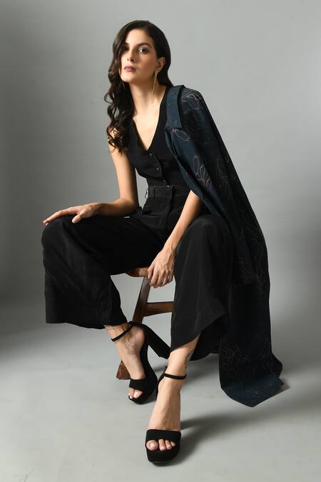 Fishcanfly_Black Crepe Silk Embroidery Moonshine Placement Waistcoat And Trouser Set _at_Aza_Fashions