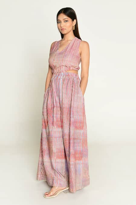 Rias Jaipur Multi Color Cotton Bemberg Print Stripe V Plosky Cloud Side Cut Out Jumpsuit 