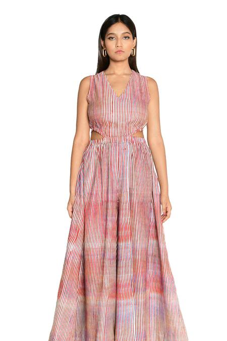 Rias Jaipur Multi Color Cotton V-neck Plosky Cloud Print Side Cut Out Jumpsuit Online at Aza Fashions Rias Jaipur_Multi Color Cotton V-neck Plosky Cloud Print Side Cut Out Jumpsuit _Online_at_Aza_Fashions