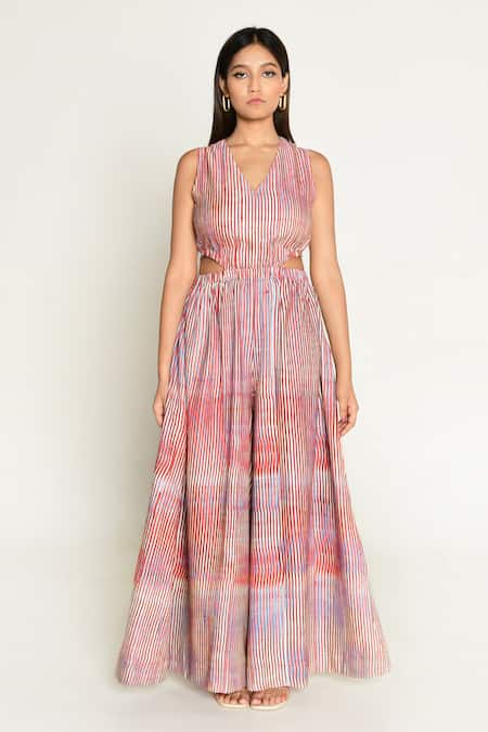 Buy_Rias Jaipur_Multi Color Cotton V-neck Plosky Cloud Print Side Cut Out Jumpsuit _Online_at_Aza_Fashions