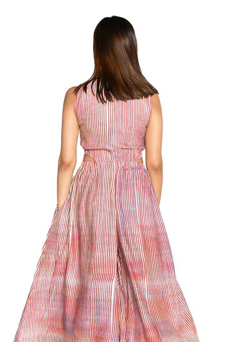 Shop Rias Jaipur Multi Color Cotton V-neck Plosky Cloud Print Side Cut Out Jumpsuit Online at Aza Fashions Shop_Rias Jaipur_Multi Color Cotton V-neck Plosky Cloud Print Side Cut Out Jumpsuit _Online_at_Aza_Fashions