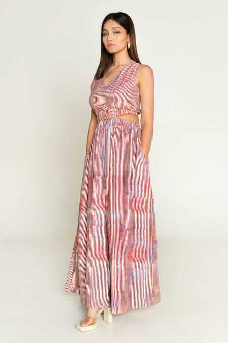 Rias Jaipur_Multi Color Cotton V-neck Plosky Cloud Print Side Cut Out Jumpsuit _at_Aza_Fashions