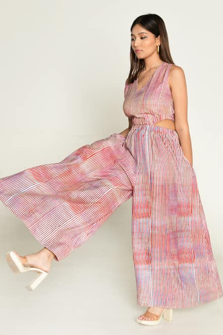 Buy_Rias Jaipur_Multi Color Cotton V-neck Plosky Cloud Print Side Cut Out Jumpsuit 