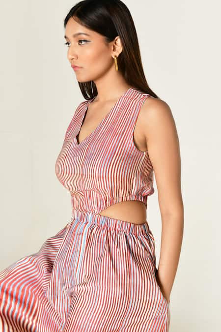 Shop_Rias Jaipur_Multi Color Cotton V-neck Plosky Cloud Print Side Cut Out Jumpsuit 