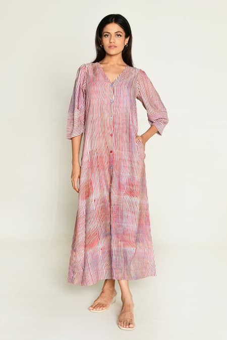 Rias Jaipur_Multi Color Cotton V-neck Plosky Cloud Print Dress _Online_at_Aza_Fashions