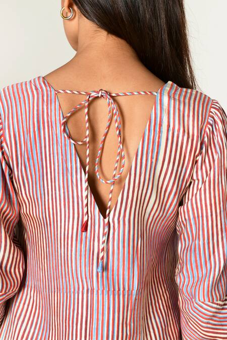 Rias Jaipur_Multi Color Cotton V-neck Plosky Cloud Print Dress _at_Aza_Fashions