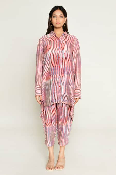 Rias Jaipur_Multi Color Cotton Collared Plosky Cloud Print Shirt With Culottes _Online_at_Aza_Fashions