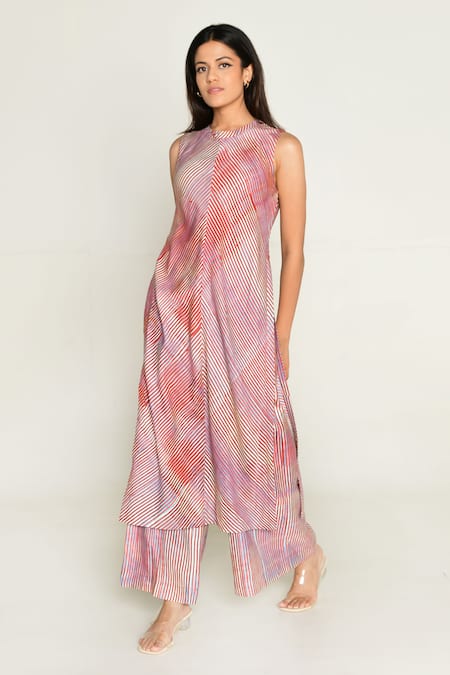 Rias Jaipur_Multi Color Cotton Round Neck Plosky Cloud Print Kurta With Wide Legged Pant _Online_at_Aza_Fashions