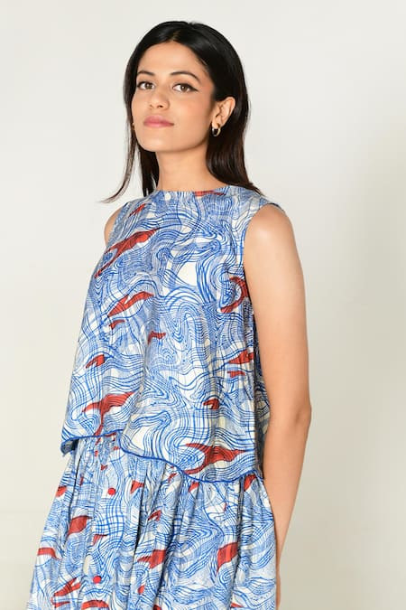 Rias Jaipur_Multi Color Cotton Round Neck Ponzo Abstract Print Top _at_Aza_Fashions