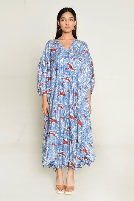 Rias Jaipur_Multi Color Cotton V-neck Ponzo Abstract Print Dress _Online_at_Aza_Fashions