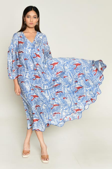 Buy_Rias Jaipur_Multi Color Cotton V-neck Ponzo Abstract Print Dress _Online_at_Aza_Fashions