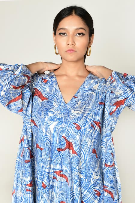 Shop_Rias Jaipur_Multi Color Cotton V-neck Ponzo Abstract Print Dress _Online_at_Aza_Fashions