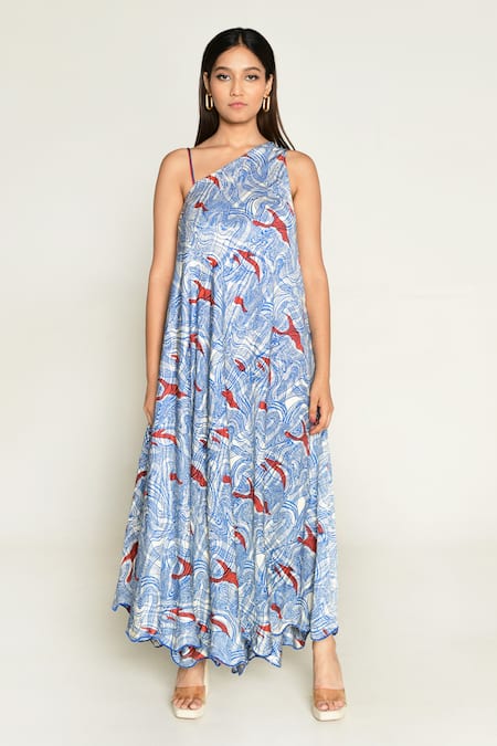 Rias Jaipur_Multi Color Cotton, Bamboo Asymmetric Ponzo Abstract Print Maxi Dress _Online_at_Aza_Fashions