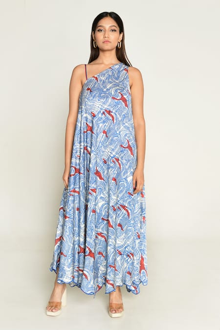 Buy_Rias Jaipur_Multi Color Cotton, Bamboo Asymmetric Ponzo Abstract Print Maxi Dress _Online_at_Aza_Fashions