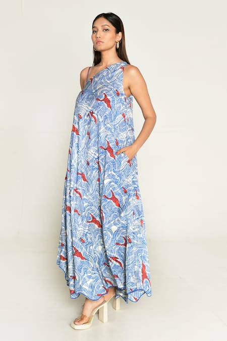 Shop_Rias Jaipur_Multi Color Cotton, Bamboo Asymmetric Ponzo Abstract Print Maxi Dress _Online_at_Aza_Fashions