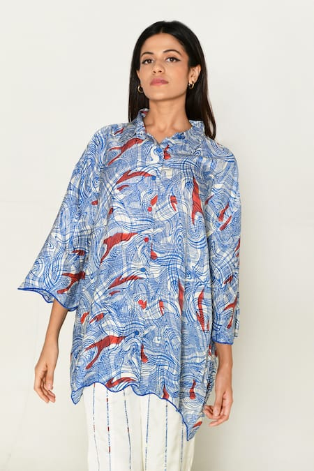 Shop_Rias Jaipur_Multi Color Cotton Collared Ponzo Abstract Print Shirt _Online_at_Aza_Fashions