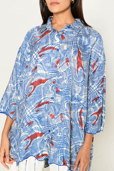 Rias Jaipur_Multi Color Cotton Collared Ponzo Abstract Print Shirt _at_Aza_Fashions