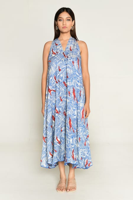 Rias Jaipur_Multi Color Cotton V-neck Ponzo Abstract Print Midi Dress _Online_at_Aza_Fashions