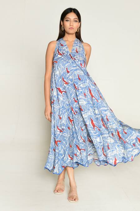 Buy_Rias Jaipur_Multi Color Cotton V-neck Ponzo Abstract Print Midi Dress _Online_at_Aza_Fashions