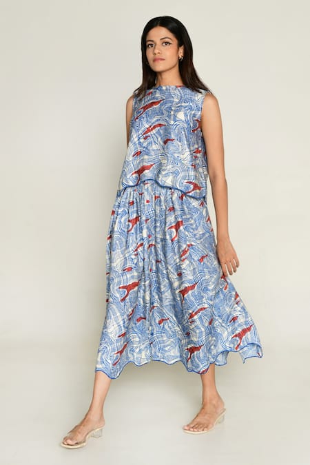 Rias Jaipur_Multi Color Cotton Round Neck Abstract Print Top And Skirt Set _Online_at_Aza_Fashions