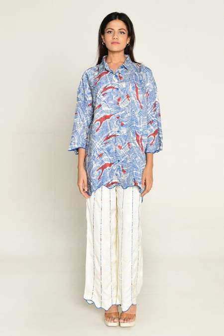 Rias Jaipur_Multi Color Cotton Collared Ponzo Abstract Print Shirt With Pant _Online_at_Aza_Fashions