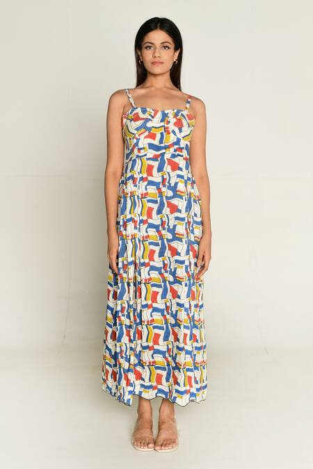 Rias Jaipur_Multi Color Linen, Tencel Sweetheart Neck Escher Print Maxi Dress _Online_at_Aza_Fashions