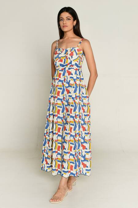 Buy_Rias Jaipur_Multi Color Linen, Tencel Sweetheart Neck Escher Print Maxi Dress _Online_at_Aza_Fashions