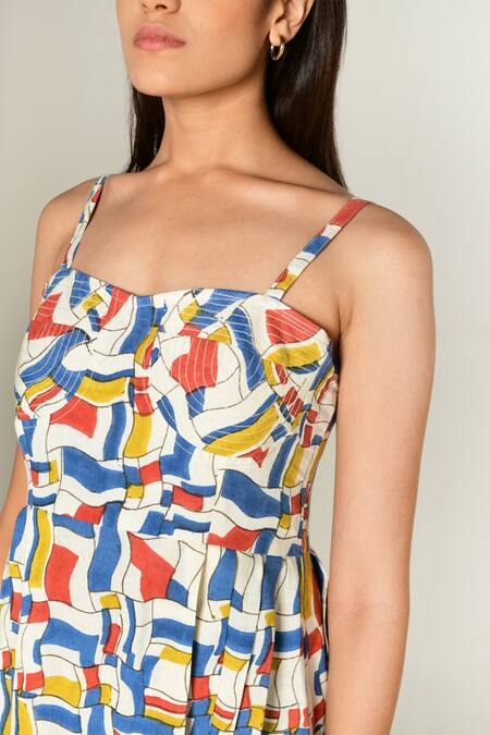 Rias Jaipur_Multi Color Linen, Tencel Sweetheart Neck Escher Print Maxi Dress _at_Aza_Fashions