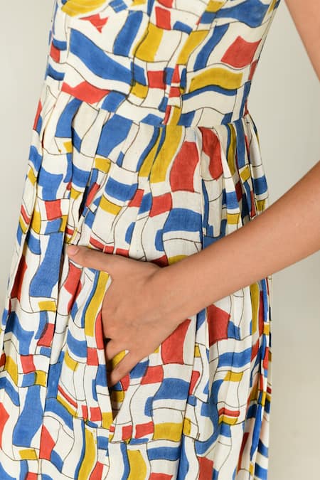 Buy_Rias Jaipur_Multi Color Linen, Tencel Sweetheart Neck Escher Print Maxi Dress 