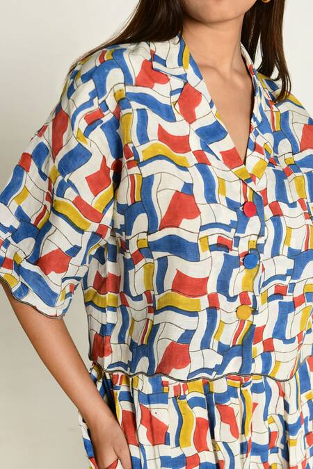 Shop_Rias Jaipur_Multi Color Linen, Tencel Collared Escher Print Shirt _Online_at_Aza_Fashions