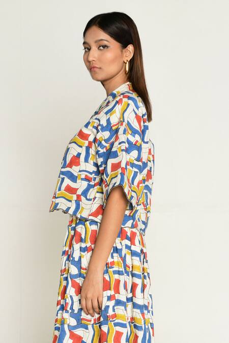 Rias Jaipur_Multi Color Linen, Tencel Collared Escher Print Shirt _at_Aza_Fashions