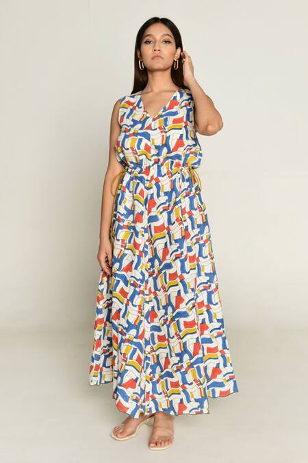 Rias Jaipur_Multi Color Linen, Tencel V-neck Sleeveless Escher Print Maxi Dress _Online_at_Aza_Fashions