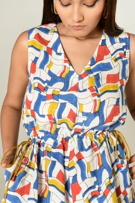 Buy_Rias Jaipur_Multi Color Linen, Tencel V-neck Sleeveless Escher Print Maxi Dress _Online_at_Aza_Fashions