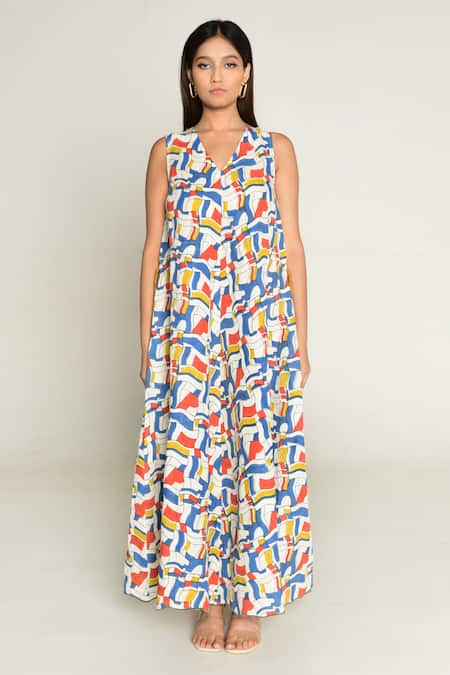 Rias Jaipur_Multi Color Linen, Tencel V-neck Sleeveless Escher Print Maxi Dress _at_Aza_Fashions