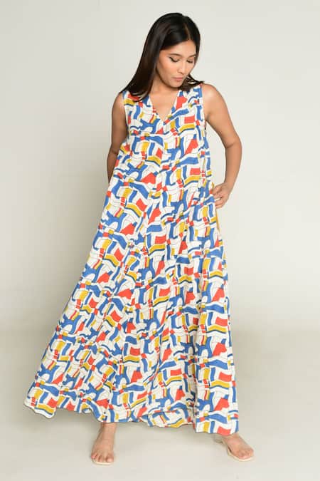 Buy_Rias Jaipur_Multi Color Linen, Tencel V-neck Sleeveless Escher Print Maxi Dress 
