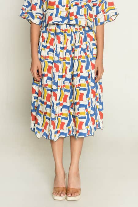 Rias Jaipur_Multi Color Linen Escher Print Skirt _Online_at_Aza_Fashions
