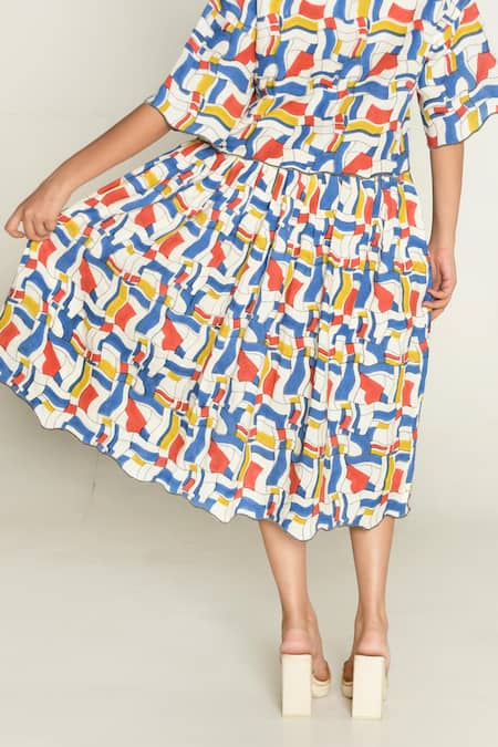 Shop_Rias Jaipur_Multi Color Linen Escher Print Skirt _Online_at_Aza_Fashions