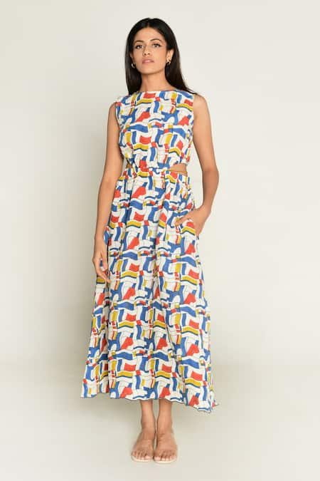 Rias Jaipur Multi Color Linen Tenssil Print Escher Round Neck Side Cut Out Dress 