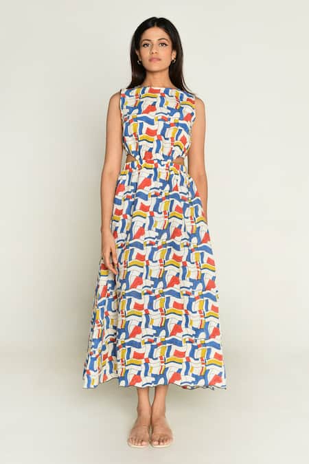 Rias Jaipur_Multi Color Linen, Tencel Round Neck Escher Print Side Cut Out Dress _Online_at_Aza_Fashions
