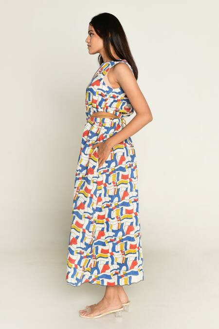 Buy_Rias Jaipur_Multi Color Linen, Tencel Round Neck Escher Print Side Cut Out Dress _Online_at_Aza_Fashions