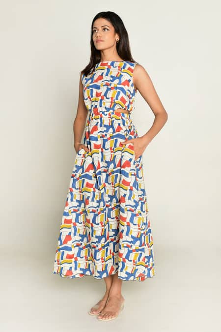 Shop_Rias Jaipur_Multi Color Linen, Tencel Round Neck Escher Print Side Cut Out Dress _Online_at_Aza_Fashions