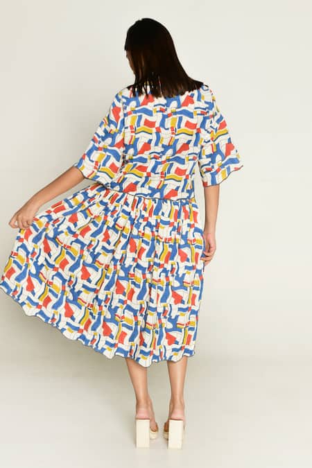 Shop_Rias Jaipur_Multi Color Linen, Tencel Collared Escher Print Shirt With Skirt _at_Aza_Fashions