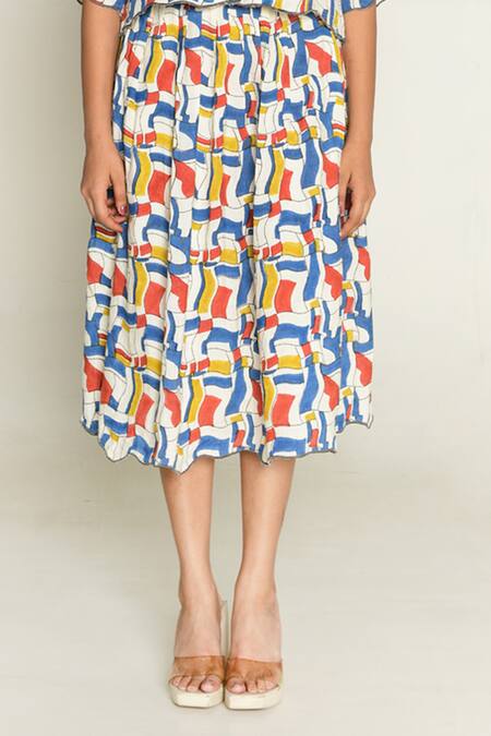 Rias Jaipur_Multi Color Linen, Tencel Collared Escher Print Shirt With Skirt _Online_at_Aza_Fashions