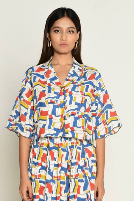 Buy_Rias Jaipur_Multi Color Linen, Tencel Collared Escher Print Shirt With Skirt _Online_at_Aza_Fashions